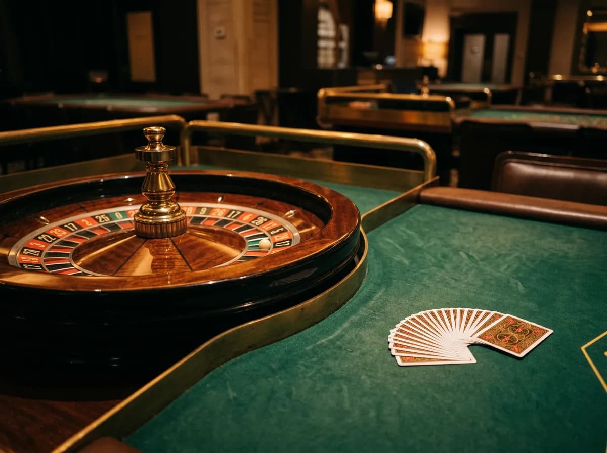 A roulette wheel and playing cards on a forest-green felt table with warm amber light