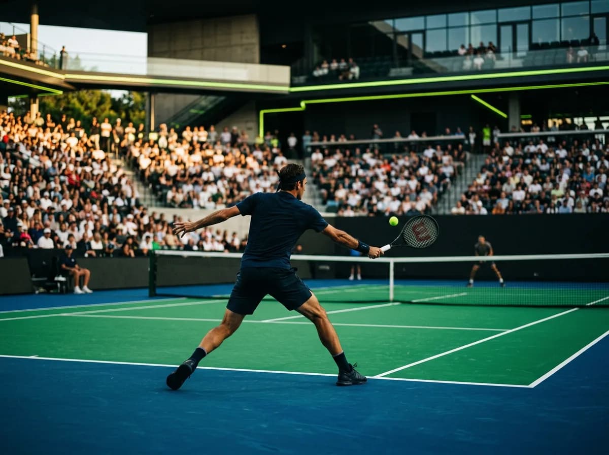 Tennis player preparing a serve on a green court during a match